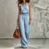 Womens Sleeveless Jumpsuit Backless Lace-up Halter Overall Pants Wide-leg Straight Onesie Trousers