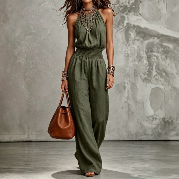 Womens Sleeveless Jumpsuit Backless Lace-up Halter Overall Pants Wide-leg Straight Onesie Trousers