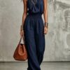 Womens Sleeveless Jumpsuit Backless Lace-up Halter Overall Pants Wide-leg Straight Onesie Trousers