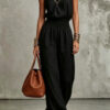 Womens Sleeveless Jumpsuit Backless Lace-up Halter Overall Pants Wide-leg Straight Onesie Trousers