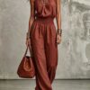 Womens Sleeveless Jumpsuit Backless Lace-up Halter Overall Pants Wide-leg Straight Onesie Trousers